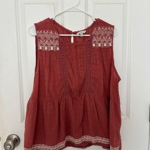 Lucky Brand Sleeveless Embroidered Top - Brick Red